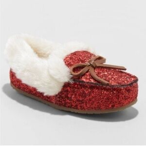 Cat & Jack Red Glitter Slippers with White Fur Lining Toddler Size 6